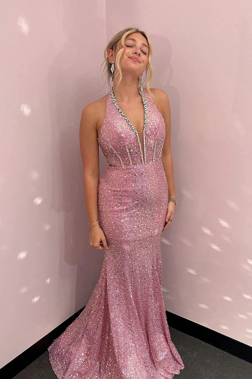 Sylvana | V Neck Halter Sequins Long Mermaid Prom Dresses with Beading by KissProm