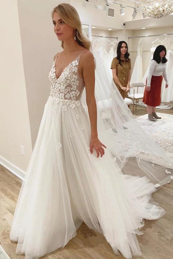 V Neck Ivory Vivid Flowers Wedding Dresses With with Unlined Bodice WD476 by pgmdress