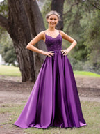 V-Neck Lace Stain A-Line Floor-length Evening Dress by KissProm
