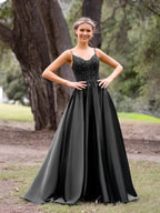 V-Neck Lace Stain A-Line Floor-length Evening Dress by KissProm