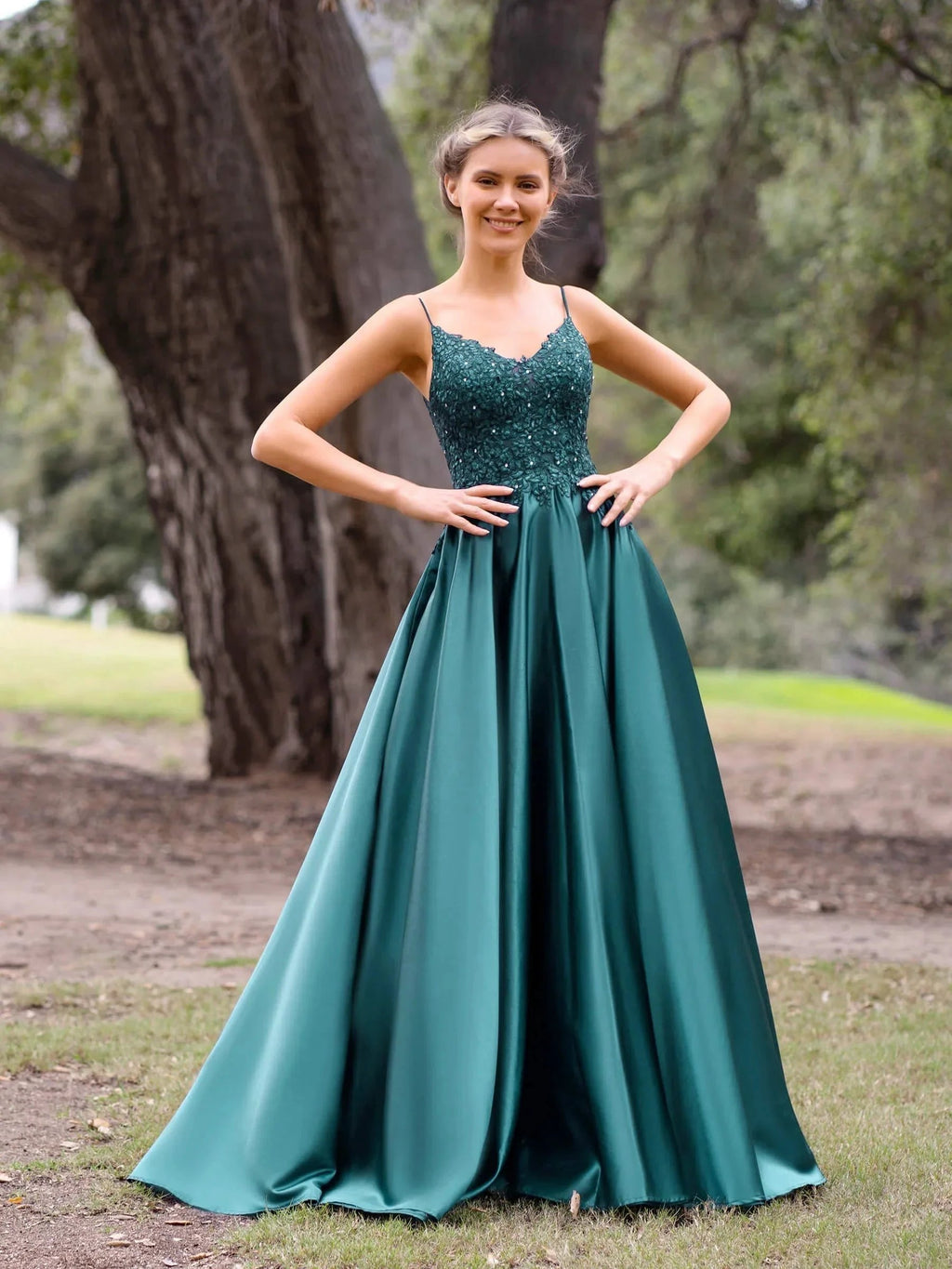 V-Neck Lace Stain A-Line Floor-length Evening Dress by KissProm