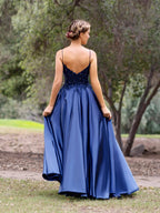 V-Neck Lace Stain A-Line Floor-length Evening Dress by KissProm