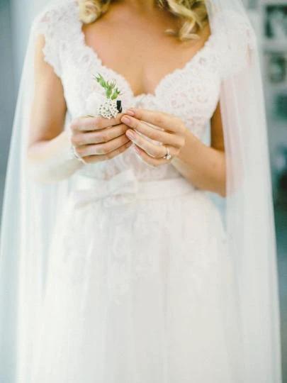 V-Neck Lace Tulle Cap Sleeve A-Line Wedding Dress WD136 by pgmdress