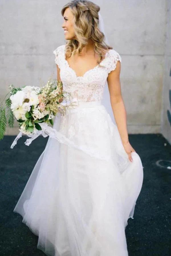 V-Neck Lace Tulle Cap Sleeve A-Line Wedding Dress WD136 by pgmdress