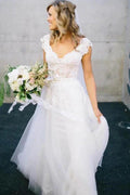 V-Neck Lace Tulle Cap Sleeve A-Line Wedding Dress WD136 by pgmdress