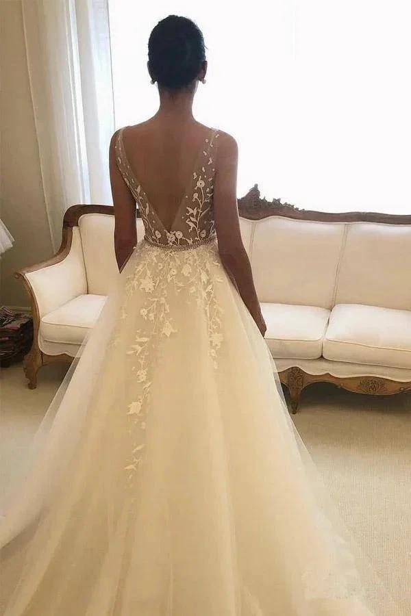 V Neck Lace Wedding Dresses Backless Rustic Wedding Dress WD334 by pgmdress
