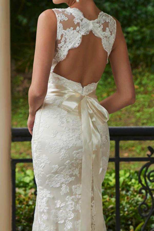 V-Neck Lace Zipper-Up Sheath Sweep Train Wedding Dress WD135 by pgmdress