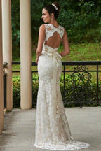 V-Neck Lace Zipper-Up Sheath Sweep Train Wedding Dress WD135 by pgmdress