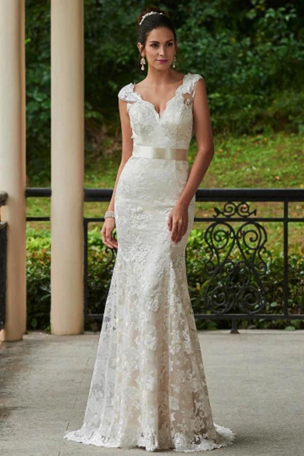 V-Neck Lace Zipper-Up Sheath Sweep Train Wedding Dress WD135 by pgmdress