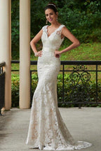 V-Neck Lace Zipper-Up Sheath Sweep Train Wedding Dress WD135 by pgmdress