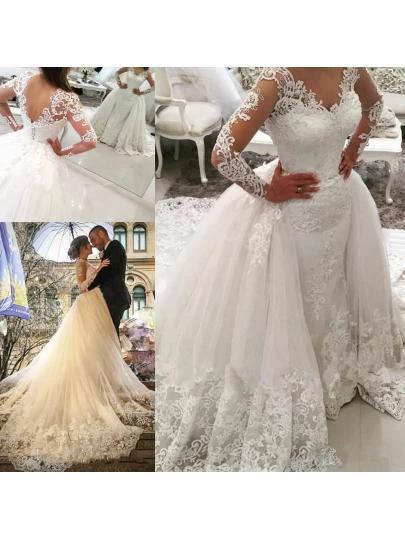V-Neck Long Sleeves Appliques Watteau Train Wedding Dress WD167 by pgmdress