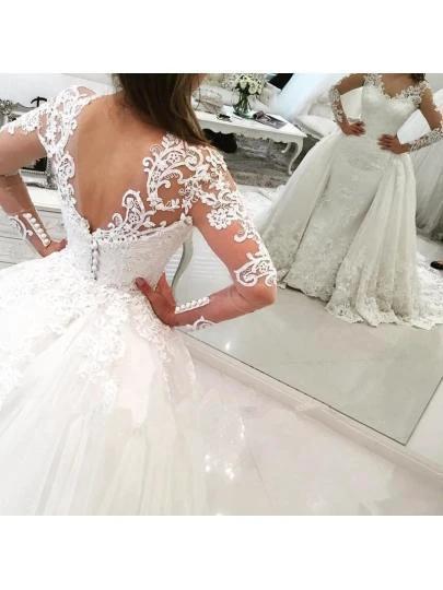 V-Neck Long Sleeves Appliques Watteau Train Wedding Dress WD167 by pgmdress