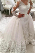 V-Neck Long Sleeves Appliques Watteau Train Wedding Dress WD167 by pgmdress