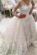 V-Neck Long Sleeves Appliques Watteau Train Wedding Dress WD167 by pgmdress