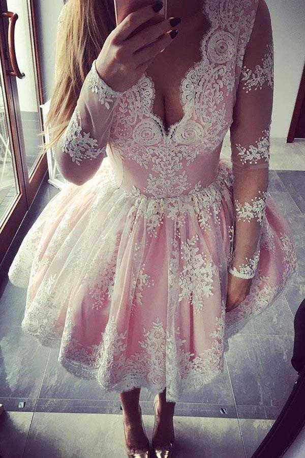 V-Neck Long Sleeves Short Pink Tulle Homecoming Dress with Appliques PG160 by pgmdress
