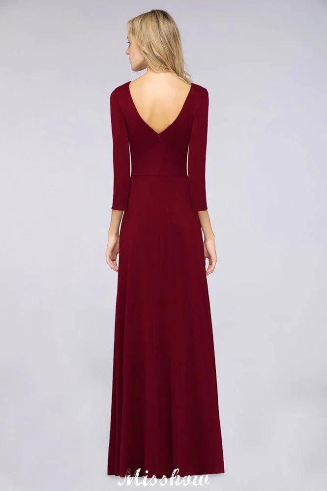 V-Neck Long-Sleeves Side-Slit Floor-Length Bridesmaid Dress with Ruffles by misshow.com