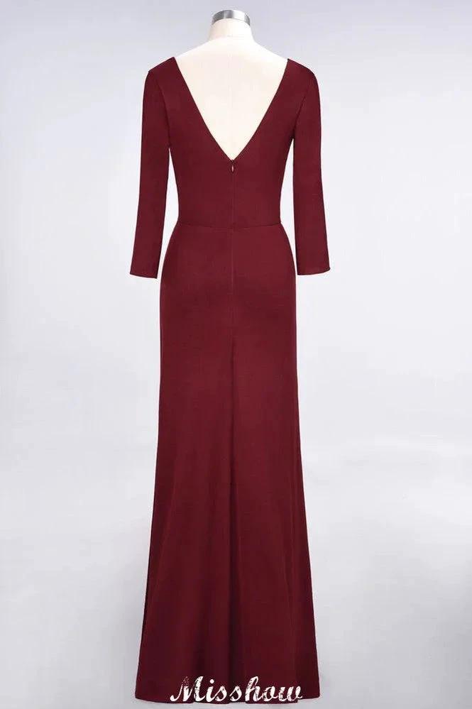 V-Neck Long-Sleeves Side-Slit Floor-Length Bridesmaid Dress with Ruffles by misshow.com