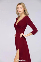 V-Neck Long-Sleeves Side-Slit Floor-Length Bridesmaid Dress with Ruffles by misshow.com
