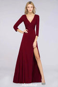 V-Neck Long-Sleeves Side-Slit Floor-Length Bridesmaid Dress with Ruffles by misshow.com