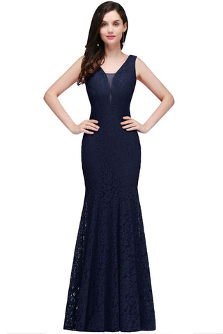 Vestido de fiesta de encaje hasta el suelo con escote en V y corte sirena