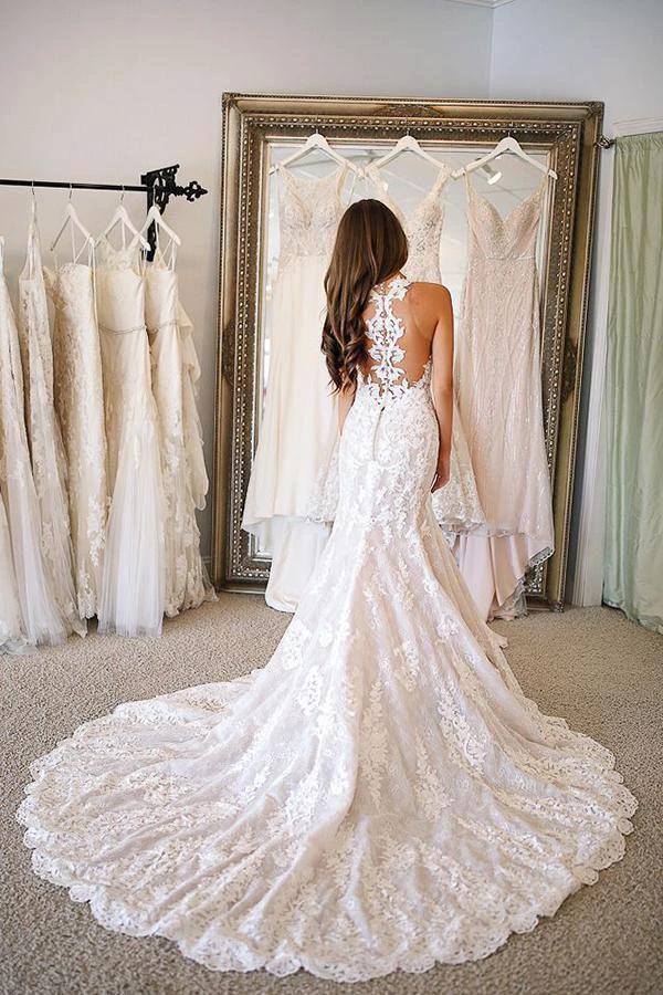 V Neck Mermaid Lace Wedding Dresses Bridal Gown With Sweep Train WD505 by pgmdress