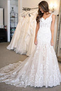 V Neck Mermaid Lace Wedding Dresses Bridal Gown With Sweep Train WD505 by pgmdress
