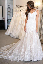 V Neck Mermaid Lace Wedding Dresses Bridal Gown With Sweep Train WD505 by pgmdress