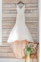V Neck Mermaid Long White Lace Appliques Wedding Dress with Train WD113 by pgmdress