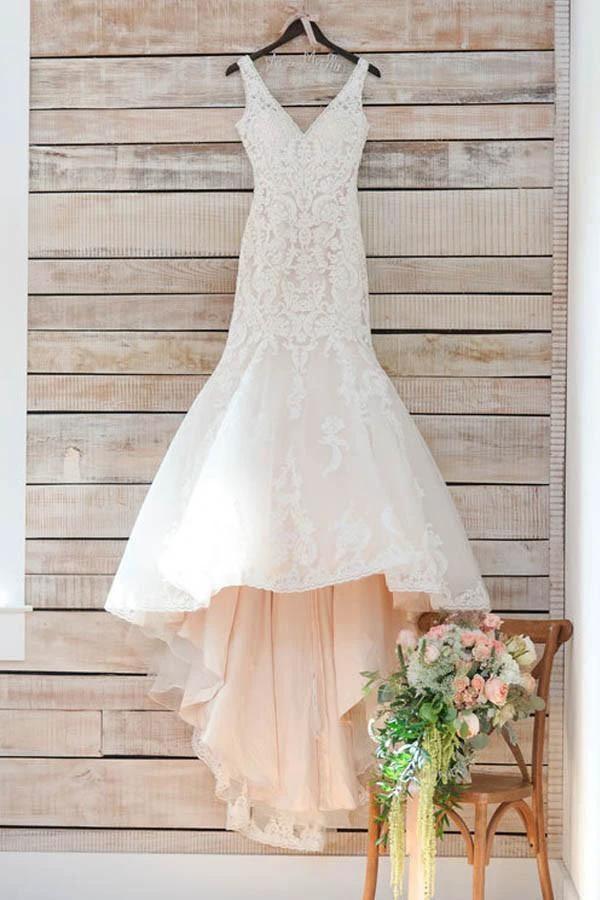 V Neck Mermaid Long White Lace Appliques Wedding Dress with Train WD113 by pgmdress