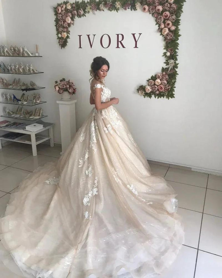 V-Neck Off-the-Shoulder Princess Princess Wedding Dress by misshow.com
