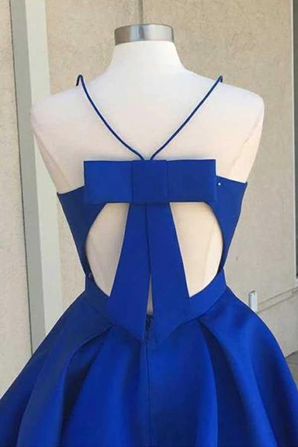V-Neck Open Back Royal Blue Satin Homecoming Dress with Bowknot PD088 by pgmdress