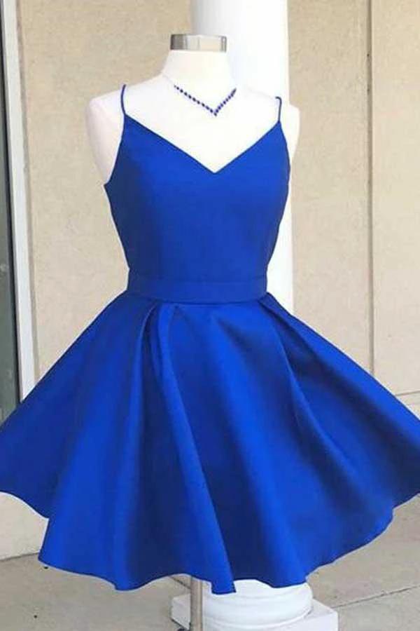 V-Neck Open Back Royal Blue Satin Homecoming Dress with Bowknot PD088 by pgmdress