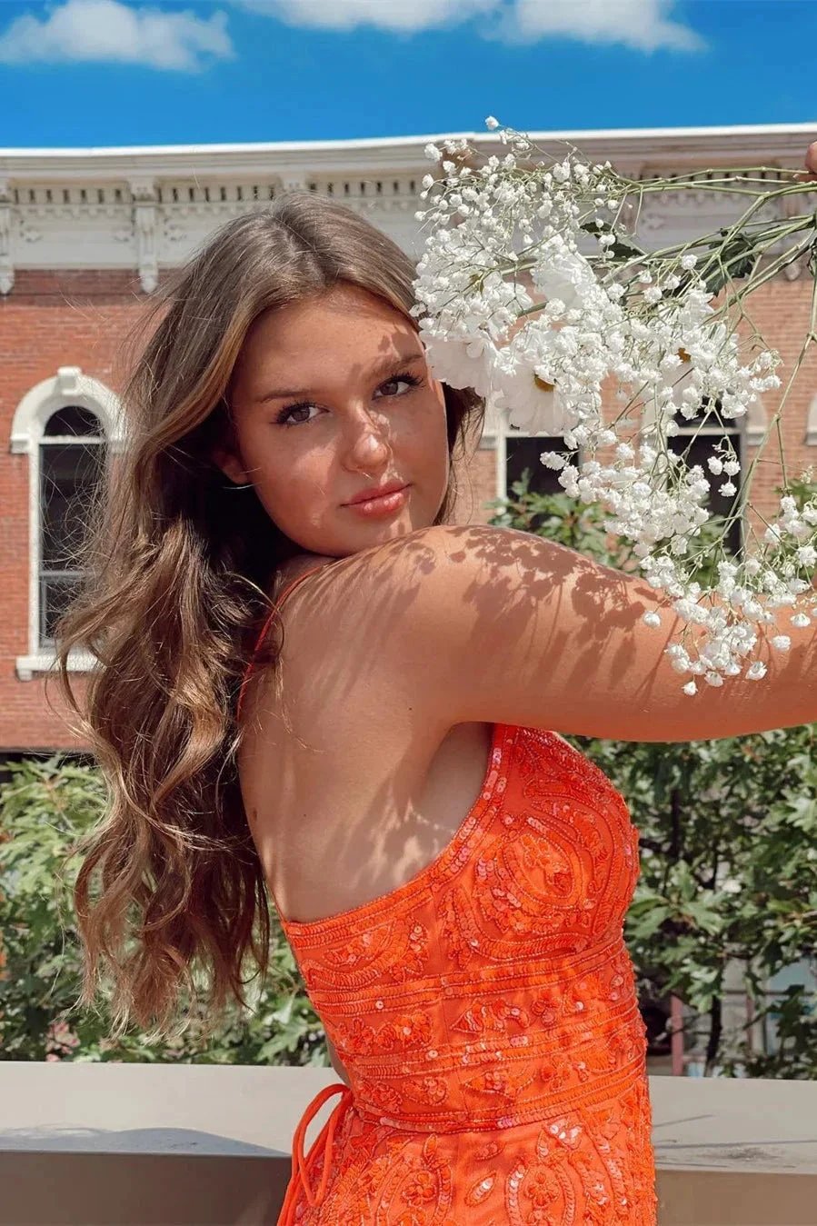 V-neck Orange Spaghetti Straps Sleeveless Homecoming Dresses With Lace by misshow.com