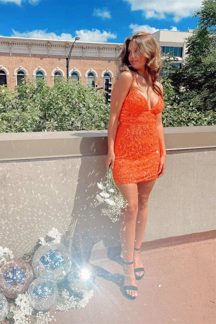 V-neck Orange Spaghetti Straps Sleeveless Homecoming Dresses With Lace by misshow.com