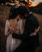 V-Neck Polka Dot Lace Open Back Long Sleeve Boho Bridal Gown WD433 by pgmdress