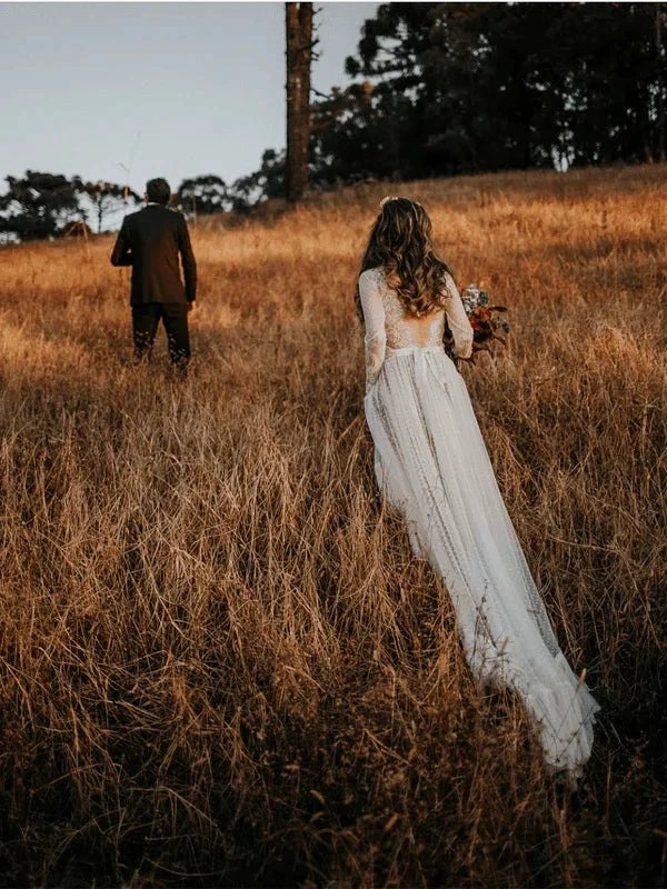 V-Neck Polka Dot Lace Open Back Long Sleeve Boho Bridal Gown WD433 by pgmdress