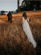 V-Neck Polka Dot Lace Open Back Long Sleeve Boho Bridal Gown WD433 by pgmdress