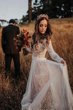 V-Neck Polka Dot Lace Open Back Long Sleeve Boho Bridal Gown WD433 by pgmdress