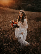 V-Neck Polka Dot Lace Open Back Long Sleeve Boho Bridal Gown WD433 by pgmdress