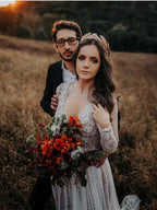V-Neck Polka Dot Lace Open Back Long Sleeve Boho Bridal Gown WD433 by pgmdress
