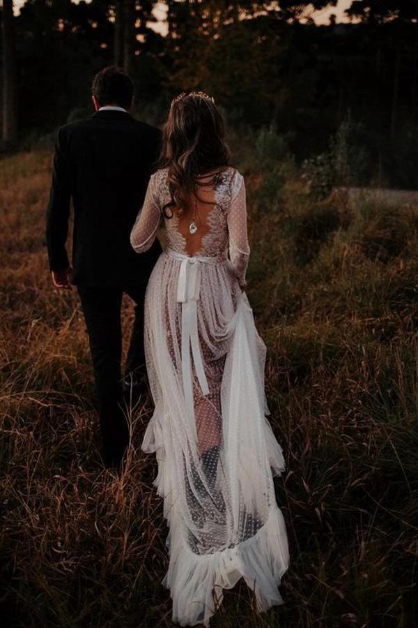 V-Neck Polka Dot Lace Open Back Long Sleeve Boho Bridal Gown WD433 by pgmdress