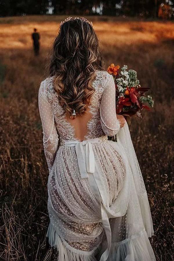 V-Neck Polka Dot Lace Open Back Long Sleeve Boho Bridal Gown WD433 by pgmdress