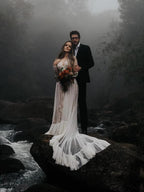 V-Neck Polka Dot Lace Open Back Long Sleeve Boho Bridal Gown WD433 by pgmdress