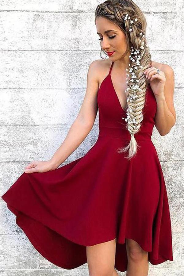 V neck Red Spaghetti Straps High-Low Short Homecoming Dresses PD100 by pgmdress