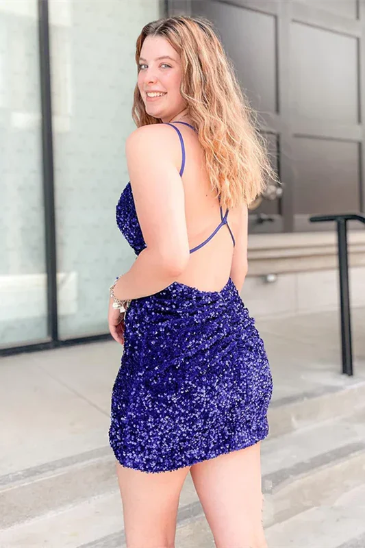 V-neck Royal Blue Spaghetti Straps Sleeveless Short Homecoming Dresses by misshow.com