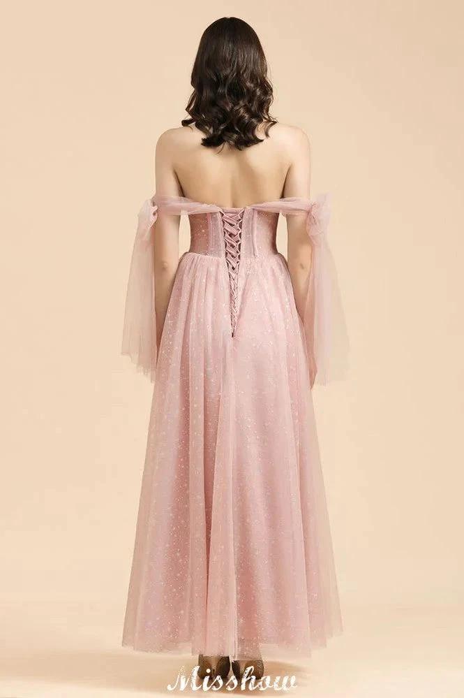 V-Neck Ruffle Chffion Sleeves Aline Bridesmaid Dress Dusty Pink Wedding party Dress by misshow.com