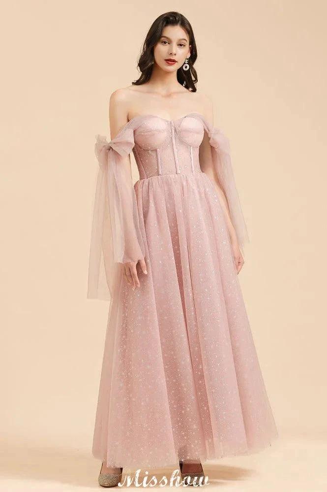 V-Neck Ruffle Chffion Sleeves Aline Bridesmaid Dress Dusty Pink Wedding party Dress by misshow.com