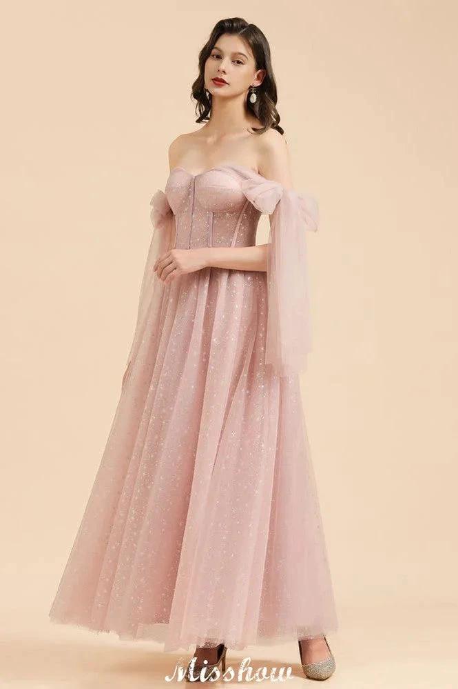 V-Neck Ruffle Chffion Sleeves Aline Bridesmaid Dress Dusty Pink Wedding party Dress by misshow.com
