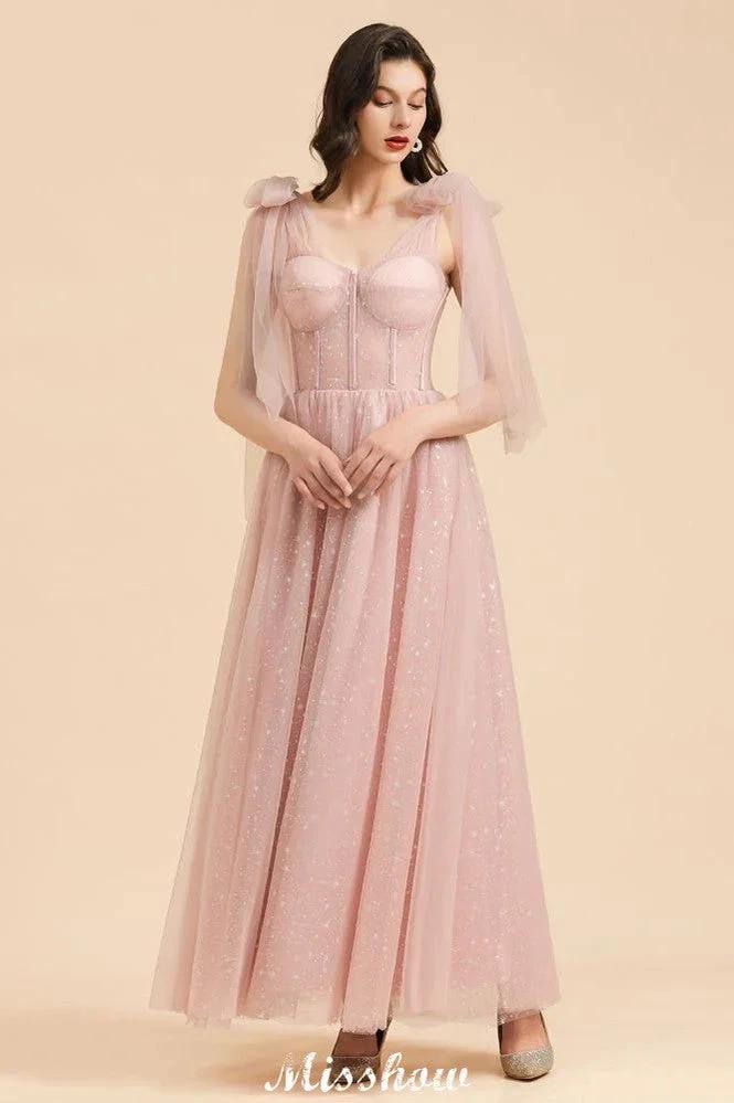 V-Neck Ruffle Chffion Sleeves Aline Bridesmaid Dress Dusty Pink Wedding party Dress by misshow.com