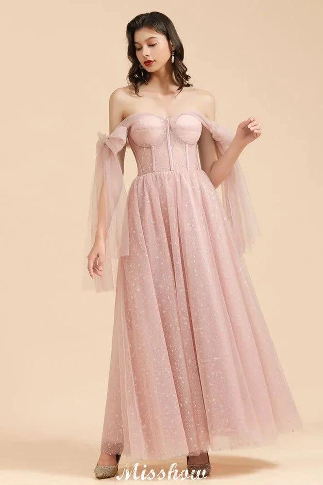 V-Neck Ruffle Chffion Sleeves Aline Bridesmaid Dress Dusty Pink Wedding party Dress by misshow.com